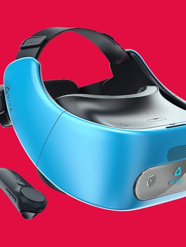 The Vive Focus VR Headset on a red background with controller.