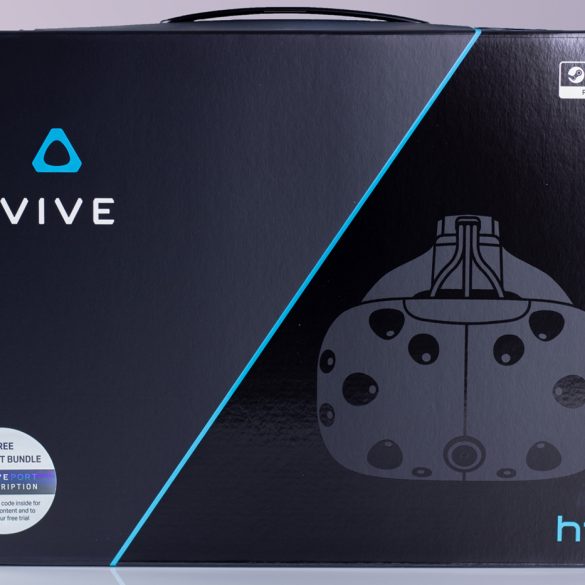 Front view of the HTC Vive VR headset retail box.