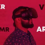 Man wearing VR headset with words, XR, VR, MR and AR around him.