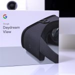 Google Daydream View VR headset box on desk at an angle, facing the front.