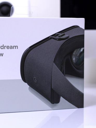 Google Daydream View VR headset box on desk at an angle, facing the front.