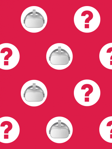 Oculus Go Frequently Asked Questions with question marks on red pattern.