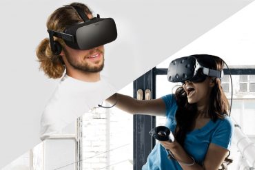 Oculus Rift vs HTC Vive - The Oculus Rift worn by a man and the HTC Vive worn by a woman in a blue t-shirt.
