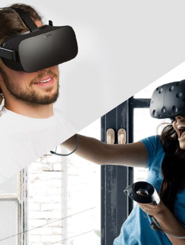 Oculus Rift vs HTC Vive - The Oculus Rift worn by a man and the HTC Vive worn by a woman in a blue t-shirt.