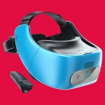 The Vive Focus VR Headset on a red background with controller.